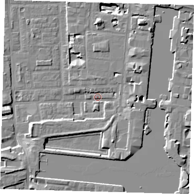 Shaded relief map of the ground around E148GU, computed from Environment Agency LiDAR. The ground here sits at about 3 m above sea level and falls 11 m across the surrounding 800 m. Surface water reaching this point runs off ground lying to the north-east, 6.7 m higher.