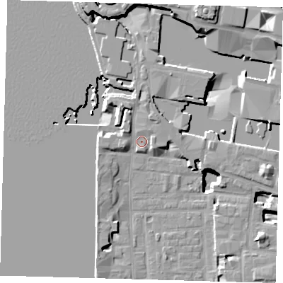 Shaded relief map of the ground around E148GW, computed from Environment Agency LiDAR. The ground here sits at about 4 m above sea level and falls 21 m across the surrounding 800 m. Surface water reaching this point runs off ground lying to the north-north-west, 3.6 m higher.