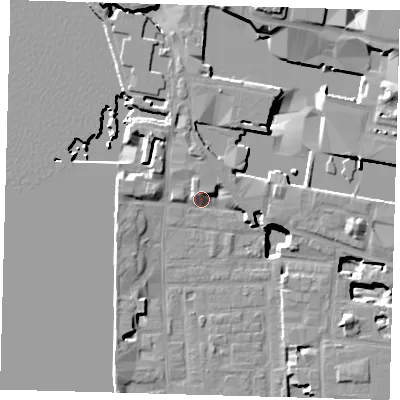 Shaded relief map of the ground around E148GZ, computed from Environment Agency LiDAR. The ground here sits at about 4 m above sea level and falls 21 m across the surrounding 800 m. Surface water reaching this point runs off ground lying to the north-west, 3.7 m higher.