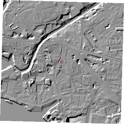 Shaded relief map of the ground around E148HH, computed from Environment Agency LiDAR. The ground here sits at about 5 m above sea level and falls 13 m across the surrounding 800 m. Surface water reaching this point runs off ground lying to the north-west, 3.5 m higher.