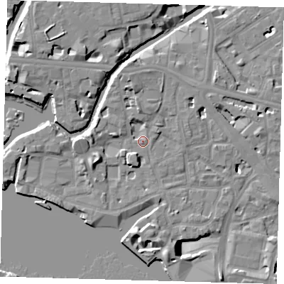Shaded relief map of the ground around E148HJ, computed from Environment Agency LiDAR. The ground here sits at about 5 m above sea level and falls 13 m across the surrounding 800 m. Surface water reaching this point runs off ground lying to the south-south-west, 3.2 m higher.