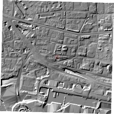 Shaded relief map of the ground around E148HS, computed from Environment Agency LiDAR. The ground here sits at about 5 m above sea level and falls 17 m across the surrounding 800 m. Surface water reaching this point runs off ground lying to the north-west, 2.6 m higher.