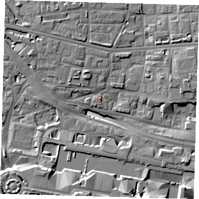 Shaded relief map of the ground around E148HT, computed from Environment Agency LiDAR. The ground here sits at about 4 m above sea level and falls 18 m across the surrounding 800 m. Surface water reaching this point runs off ground lying to the north-north-west, 1.6 m higher.