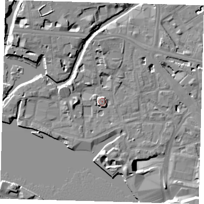 Shaded relief map of the ground around E148HU, computed from Environment Agency LiDAR. The ground here sits at about 7 m above sea level and falls 13 m across the surrounding 800 m. Surface water reaching this point runs off ground lying to the south-east, 3.3 m higher.