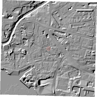 Shaded relief map of the ground around E148HX, computed from Environment Agency LiDAR. The ground here sits at about 4 m above sea level and falls 16 m across the surrounding 800 m. Surface water reaching this point runs off ground lying to the north-west, 4.0 m higher.