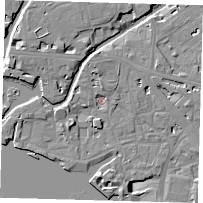Shaded relief map of the ground around E148HZ, computed from Environment Agency LiDAR. The ground here sits at about 4 m above sea level and falls 13 m across the surrounding 800 m. Surface water reaching this point runs off ground lying to the north, 2.7 m higher.
