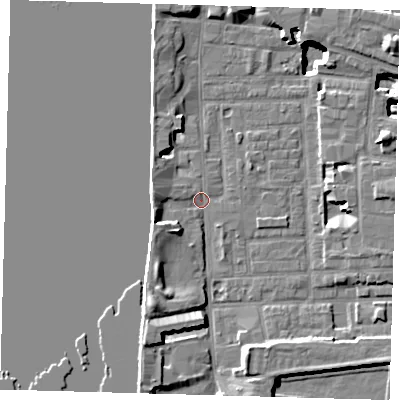 Shaded relief map of the ground around E148JE, computed from Environment Agency LiDAR. The ground here sits at about 3 m above sea level and falls 15 m across the surrounding 800 m. Surface water reaching this point runs off ground lying to the south-west, 3.5 m higher.