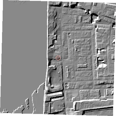 Shaded relief map of the ground around E148JF, computed from Environment Agency LiDAR. The ground here sits at about 3 m above sea level and falls 15 m across the surrounding 800 m. Surface water reaching this point runs off ground lying to the west-north-west, 2.3 m higher.