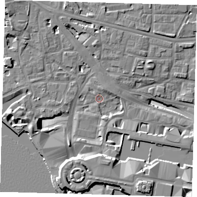 Shaded relief map of the ground around E148JG, computed from Environment Agency LiDAR. The ground here sits at about 3 m above sea level and falls 19 m across the surrounding 800 m. Surface water reaching this point runs off ground lying to the south-south-west, 12.7 m higher.