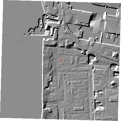Shaded relief map of the ground around E148JH, computed from Environment Agency LiDAR. The ground here sits at about 3 m above sea level and falls 17 m across the surrounding 800 m. The ground contributing surface water to this point lies to the north-north-west.