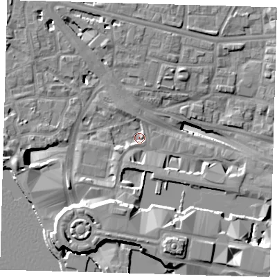 Shaded relief map of the ground around E148JJ, computed from Environment Agency LiDAR. The ground here sits at about 2 m above sea level and falls 19 m across the surrounding 800 m. Surface water reaching this point runs off ground lying to the south-south-west, 14.0 m higher.