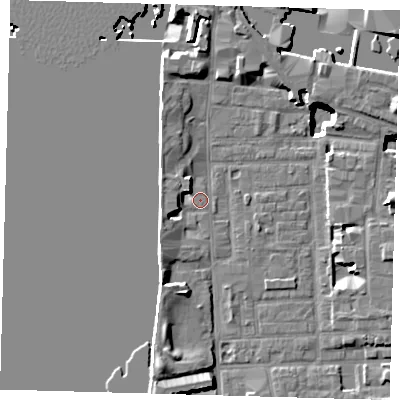 Shaded relief map of the ground around E148JP, computed from Environment Agency LiDAR. The ground here sits at about 3 m above sea level and falls 15 m across the surrounding 800 m. Surface water reaching this point runs off ground lying to the west-north-west, 3.5 m higher.