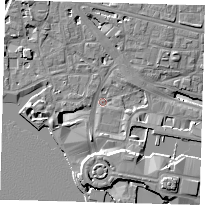 Shaded relief map of the ground around E148JQ, computed from Environment Agency LiDAR. The ground here sits at about 3 m above sea level and falls 19 m across the surrounding 800 m. Surface water reaching this point runs off ground lying to the south, 13.0 m higher.