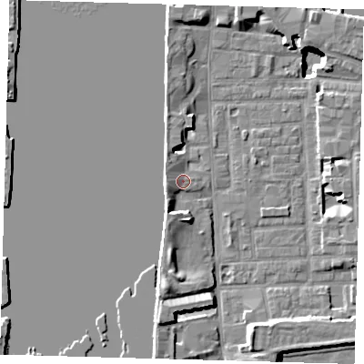 Shaded relief map of the ground around E148JS, computed from Environment Agency LiDAR. The ground here sits at about 4 m above sea level and falls 15 m across the surrounding 800 m. Surface water reaching this point runs off ground lying to the west-north-west, 1.9 m higher.
