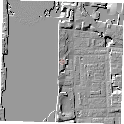 Shaded relief map of the ground around E148JX, computed from Environment Agency LiDAR. The ground here sits at about 5 m above sea level and falls 15 m across the surrounding 800 m. Surface water reaching this point runs off ground lying to the east-south-east, 0.9 m higher.