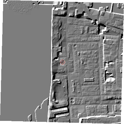 Shaded relief map of the ground around E148JY, computed from Environment Agency LiDAR. The ground here sits at about 3 m above sea level and falls 15 m across the surrounding 800 m. Surface water reaching this point runs off ground lying to the west, 3.0 m higher.