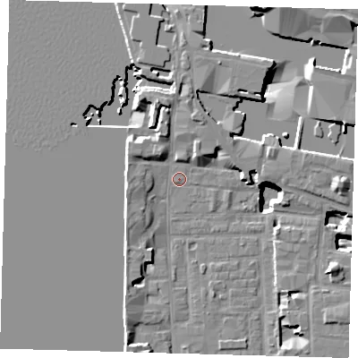 Shaded relief map of the ground around E148JZ, computed from Environment Agency LiDAR. The ground here sits at about 3 m above sea level and falls 19 m across the surrounding 800 m. Surface water reaching this point runs off ground lying to the north-north-west, 4.5 m higher.