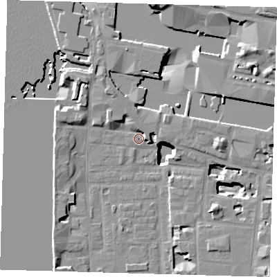 Shaded relief map of the ground around E148LD, computed from Environment Agency LiDAR. The ground here sits at about 2 m above sea level and falls 20 m across the surrounding 800 m. Surface water reaching this point runs off ground lying to the north-west, 14.7 m higher.