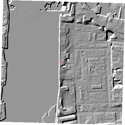 Shaded relief map of the ground around E148LE, computed from Environment Agency LiDAR. The ground here sits at about 5 m above sea level and falls 15 m across the surrounding 800 m. Surface water reaching this point runs off ground lying to the south, 4.5 m higher.