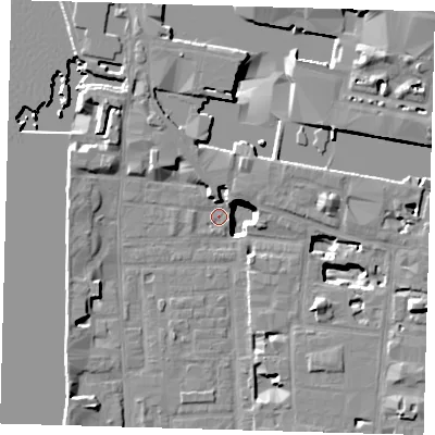 Shaded relief map of the ground around E148LG, computed from Environment Agency LiDAR. The ground here sits at about 2 m above sea level and falls 19 m across the surrounding 800 m. Surface water reaching this point runs off ground lying to the north-west, 14.7 m higher.