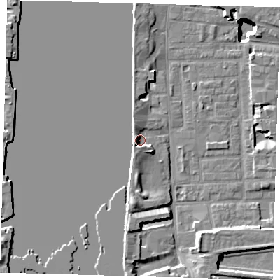 Shaded relief map of the ground around E148LN, computed from Environment Agency LiDAR. The ground here sits at about 3 m above sea level and falls 15 m across the surrounding 800 m. Surface water reaching this point runs off ground lying to the south-west, 3.7 m higher.