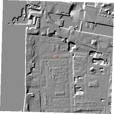 Shaded relief map of the ground around E148LP, computed from Environment Agency LiDAR. The ground here sits at about 3 m above sea level and falls 19 m across the surrounding 800 m. Surface water reaching this point runs off ground lying to the north-north-west, 14.7 m higher.