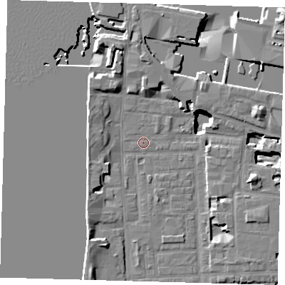 Shaded relief map of the ground around E148LQ, computed from Environment Agency LiDAR. The ground here sits at about 3 m above sea level and falls 18 m across the surrounding 800 m. Surface water reaching this point runs off ground lying to the north-north-west, 4.6 m higher.