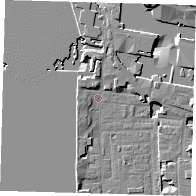 Shaded relief map of the ground around E148LR, computed from Environment Agency LiDAR. The ground here sits at about 3 m above sea level and falls 19 m across the surrounding 800 m. Surface water reaching this point runs off ground lying to the north, 4.3 m higher.