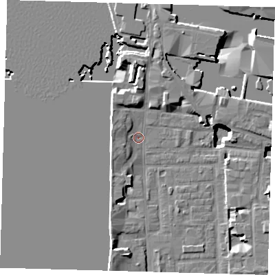 Shaded relief map of the ground around E148LS, computed from Environment Agency LiDAR. The ground here sits at about 2 m above sea level and falls 15 m across the surrounding 800 m. Surface water reaching this point runs off ground lying to the north, 3.7 m higher.