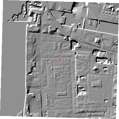 Shaded relief map of the ground around E148LT, computed from Environment Agency LiDAR. The ground here sits at about 2 m above sea level and falls 18 m across the surrounding 800 m. Surface water reaching this point runs off ground lying to the north-north-west, 4.4 m higher.