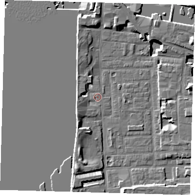 Shaded relief map of the ground around E148LW, computed from Environment Agency LiDAR. The ground here sits at about 3 m above sea level and falls 15 m across the surrounding 800 m. Surface water reaching this point runs off ground lying to the north-west, 3.5 m higher.