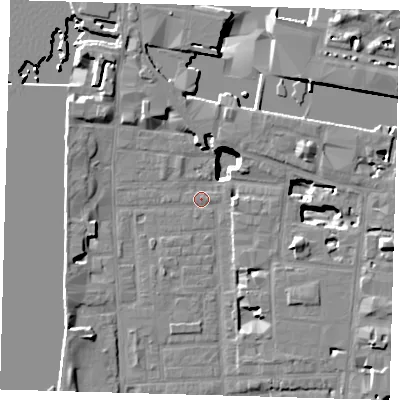 Shaded relief map of the ground around E148LX, computed from Environment Agency LiDAR. The ground here sits at about 2 m above sea level and falls 19 m across the surrounding 800 m. Surface water reaching this point runs off ground lying to the north-west, 13.9 m higher.