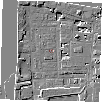 Shaded relief map of the ground around E148LY, computed from Environment Agency LiDAR. The ground here sits at about 3 m above sea level and falls 17 m across the surrounding 800 m. Surface water reaching this point runs off ground lying to the south-west, 1.0 m higher.