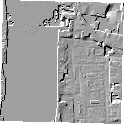 Shaded relief map of the ground around E148LZ, computed from Environment Agency LiDAR. The ground here sits at about 5 m above sea level and falls 15 m across the surrounding 800 m. Surface water reaching this point runs off ground lying to the south-south-west, 1.8 m higher.