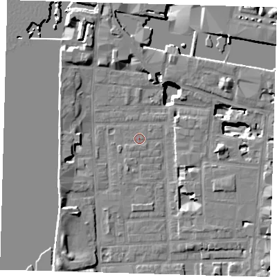 Shaded relief map of the ground around E148NA, computed from Environment Agency LiDAR. The ground here sits at about 2 m above sea level and falls 18 m across the surrounding 800 m. Surface water reaching this point runs off ground lying to the south-west, 0.7 m higher.