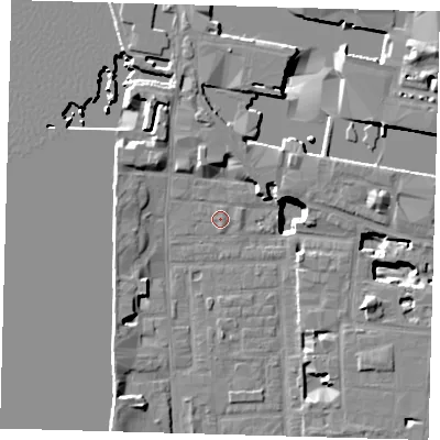 Shaded relief map of the ground around E148NB, computed from Environment Agency LiDAR. The ground here sits at about 3 m above sea level and falls 19 m across the surrounding 800 m. Surface water reaching this point runs off ground lying to the north-north-west, 4.6 m higher.