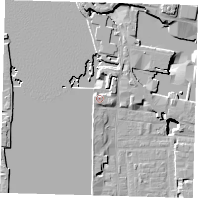Shaded relief map of the ground around E148NF, computed from Environment Agency LiDAR. The ground here sits at about 5 m above sea level and falls 21 m across the surrounding 800 m. Surface water reaching this point runs off ground lying to the north, 11.3 m higher.