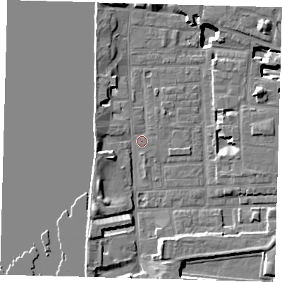 Shaded relief map of the ground around E148NH, computed from Environment Agency LiDAR. The ground here sits at about 3 m above sea level and falls 15 m across the surrounding 800 m. Surface water reaching this point runs off ground lying to the north-north-west, 0.6 m higher.
