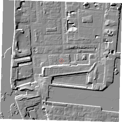 Shaded relief map of the ground around E148NJ, computed from Environment Agency LiDAR. The ground here sits at about 3 m above sea level and falls 9 m across the surrounding 800 m. Surface water reaching this point runs off ground lying to the west-south-west, 2.9 m higher.