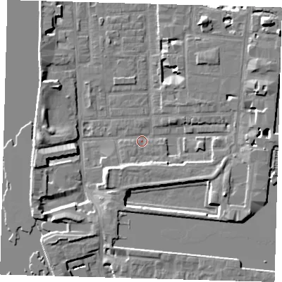 Shaded relief map of the ground around E148NN, computed from Environment Agency LiDAR. The ground here sits at about 2 m above sea level and falls 9 m across the surrounding 800 m. Surface water reaching this point runs off ground lying to the east-north-east, 6.7 m higher.