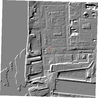 Shaded relief map of the ground around E148NP, computed from Environment Agency LiDAR. The ground here sits at about 2 m above sea level and falls 9 m across the surrounding 800 m. Surface water reaching this point runs off ground lying to the west-south-west, 6.2 m higher.