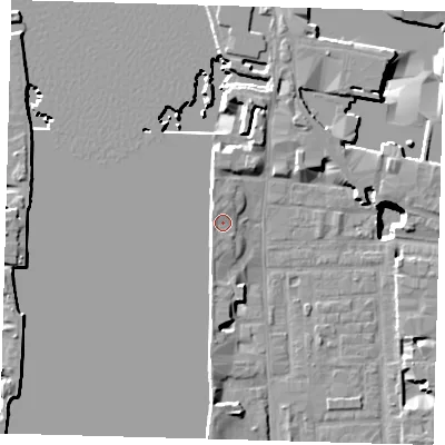 Shaded relief map of the ground around E148NQ, computed from Environment Agency LiDAR. The ground here sits at about 5 m above sea level and falls 15 m across the surrounding 800 m. Surface water reaching this point runs off ground lying to the north-north-east, 7.4 m higher.