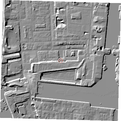 Shaded relief map of the ground around E148NR, computed from Environment Agency LiDAR. The ground here sits at about 3 m above sea level and falls 8 m across the surrounding 800 m. Surface water reaching this point runs off ground lying to the south-west, 3.1 m higher.