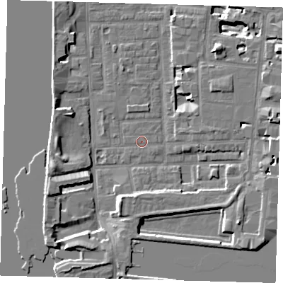 Shaded relief map of the ground around E148NS, computed from Environment Agency LiDAR. The ground here sits at about 2 m above sea level and falls 11 m across the surrounding 800 m. The ground contributing surface water to this point lies to the north-north-east.