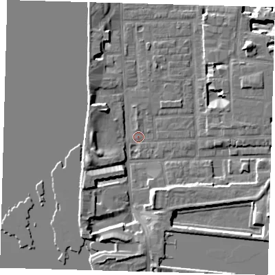 Shaded relief map of the ground around E148NU, computed from Environment Agency LiDAR. The ground here sits at about 2 m above sea level and falls 9 m across the surrounding 800 m. Surface water reaching this point runs off ground lying to the west-south-west, 6.1 m higher.