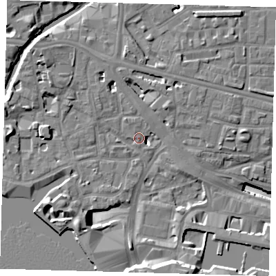 Shaded relief map of the ground around E148NW, computed from Environment Agency LiDAR. The ground here sits at about 4 m above sea level and falls 17 m across the surrounding 800 m. Surface water reaching this point runs off ground lying to the south-south-east, 14.0 m higher.