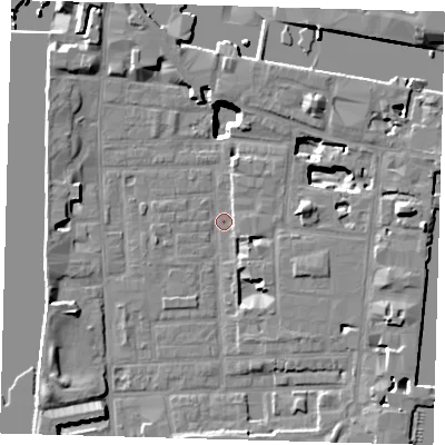 Shaded relief map of the ground around E148NZ, computed from Environment Agency LiDAR. The ground here sits at about 2 m above sea level and falls 17 m across the surrounding 800 m. Surface water reaching this point runs off ground lying to the east, 16.9 m higher.