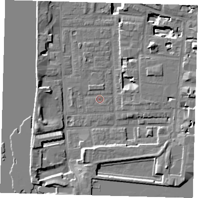 Shaded relief map of the ground around E148PB, computed from Environment Agency LiDAR. The ground here sits at about 2 m above sea level and falls 17 m across the surrounding 800 m. The ground contributing surface water to this point lies to the east-north-east.