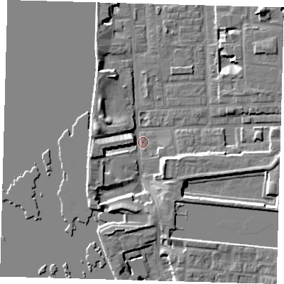 Shaded relief map of the ground around E148PD, computed from Environment Agency LiDAR. The ground here sits at about 2 m above sea level and falls 7 m across the surrounding 800 m. Surface water reaching this point runs off ground lying to the west-south-west, 5.0 m higher.