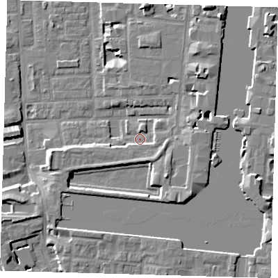 Shaded relief map of the ground around E148PE, computed from Environment Agency LiDAR. The ground here sits at about 3 m above sea level and falls 9 m across the surrounding 800 m. Surface water reaching this point runs off ground lying to the west, 3.0 m higher.